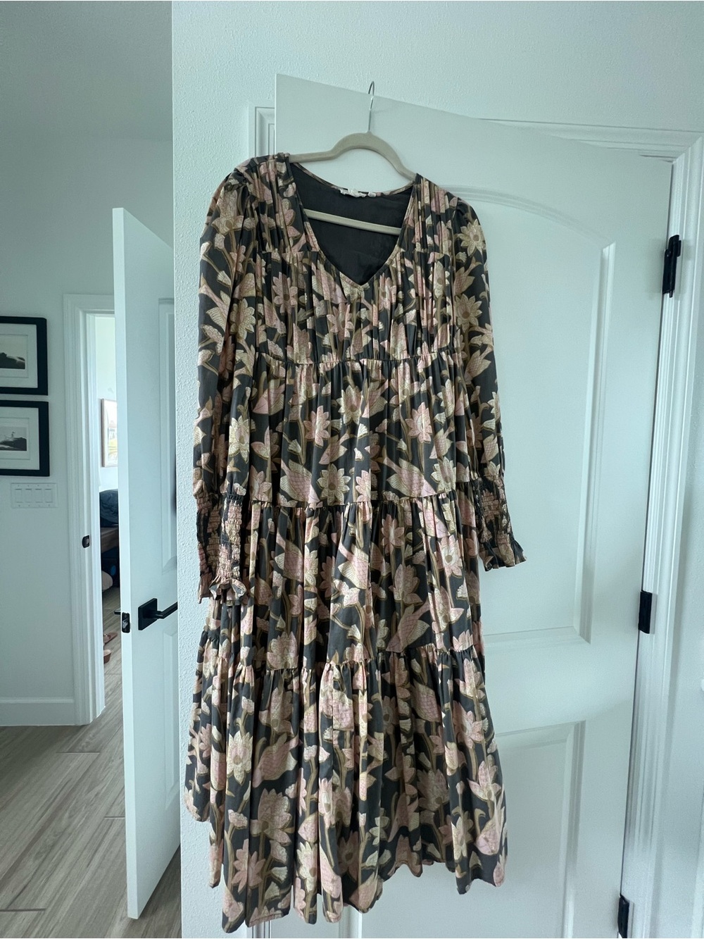 Floral Tiered Long Sleeve Midi Dress - Pink/Green